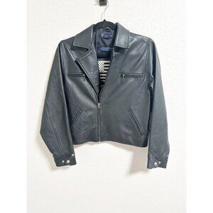 Polo Ralph Lauren Womens Black Leather Biker Jacket Cropped Full Zip‎ Medium